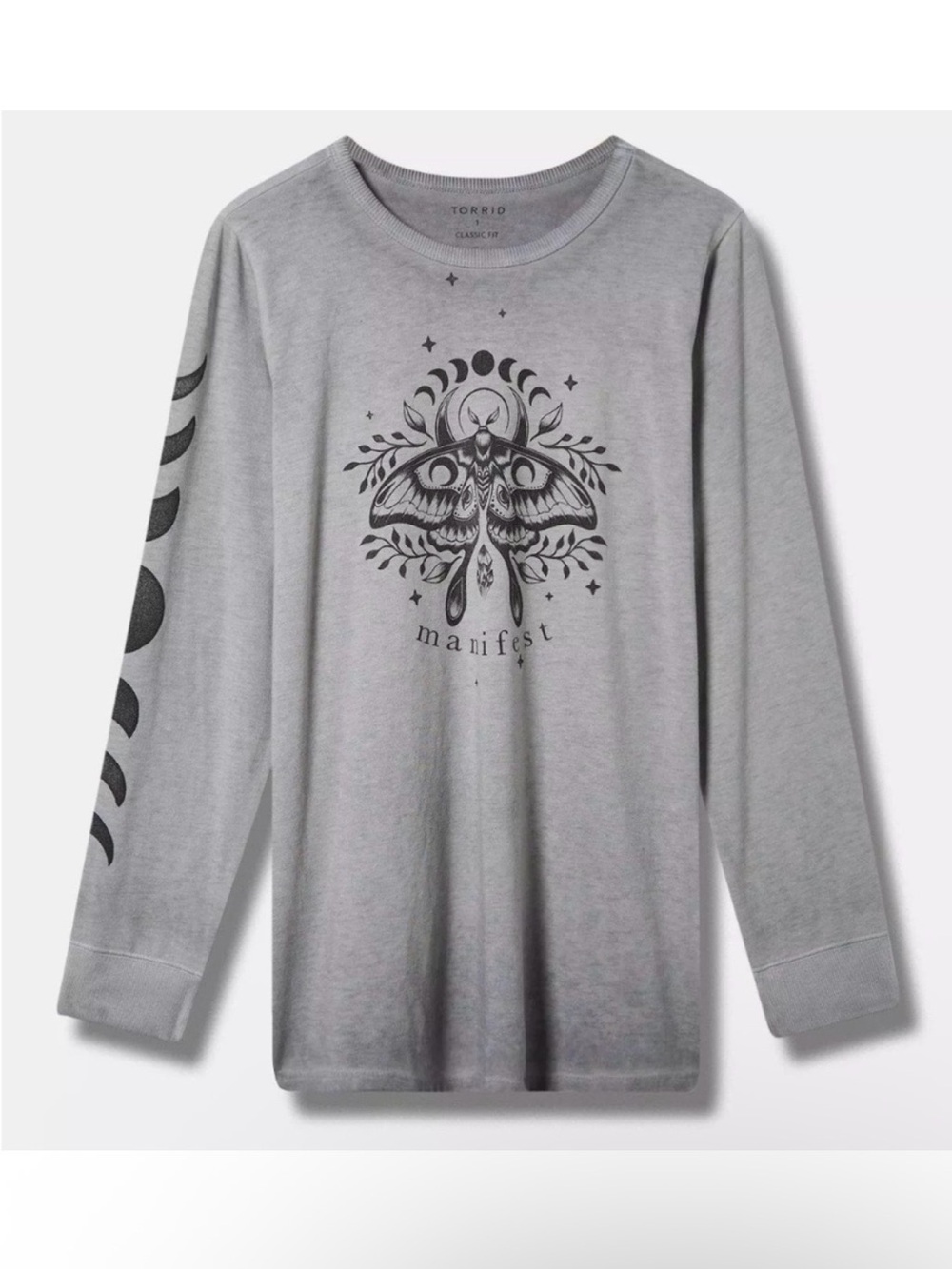 NWOT Torrid Gray Graphic 'Manifest' Moth Long Sleeve Tee